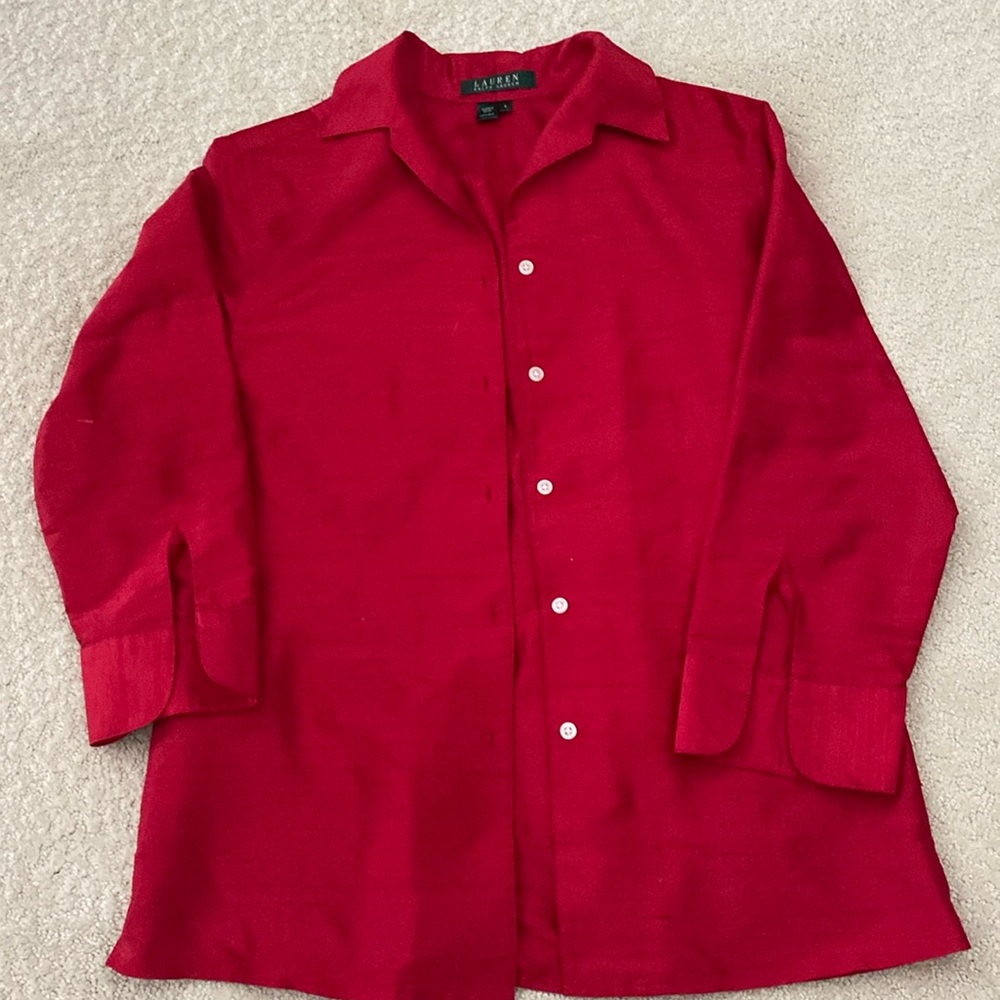LAUREN RALPH LAUREN RED SHANTUNG SILK BLOUSE SIZE 4